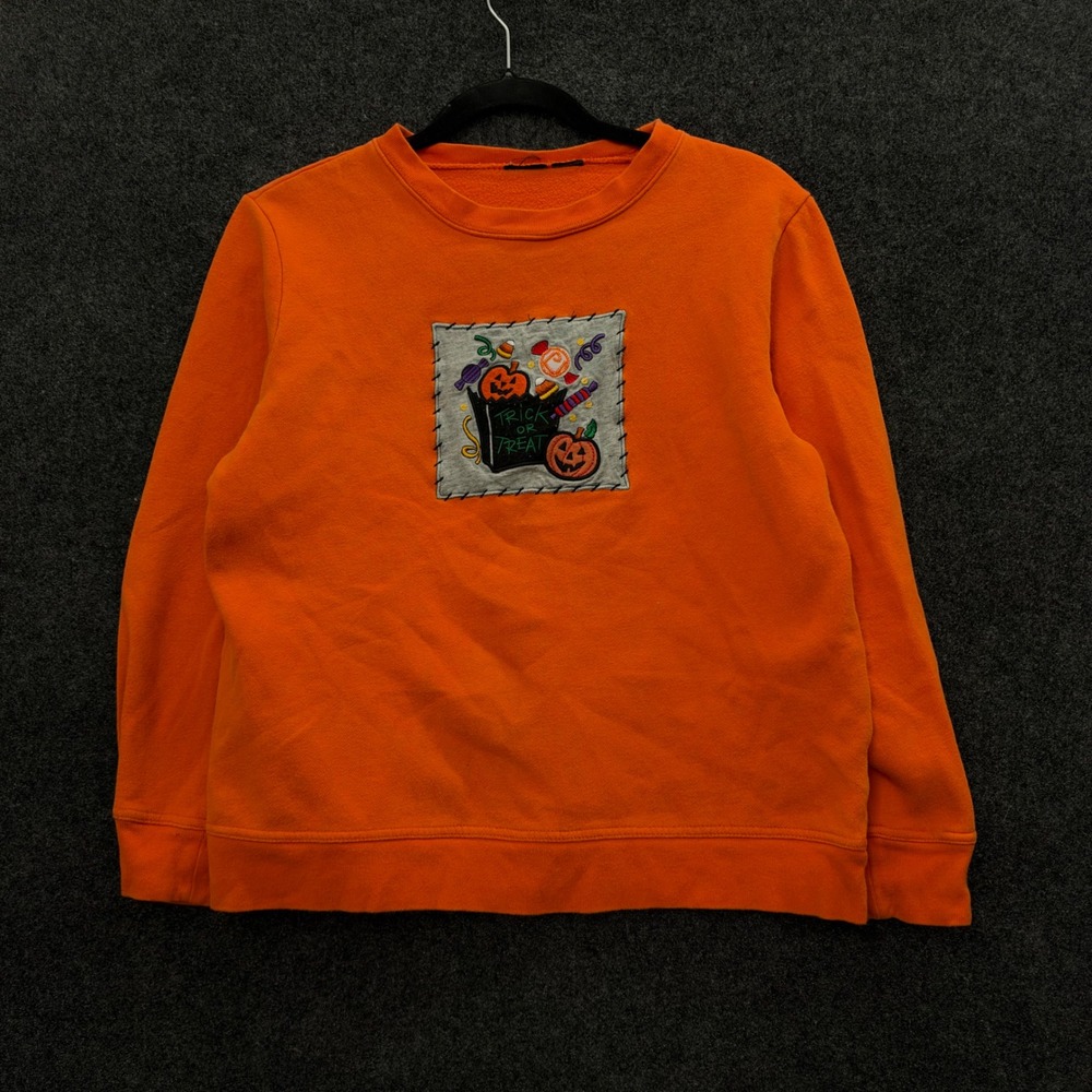 Vintage 90s Halloween Trick or Treat Orange Crewneck Sweatshirt Small